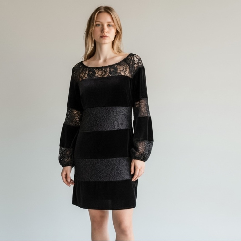 NWT Laundry by Shelli Segal Black Velvet and Lace Shift Dress Bell Sheer Sleeves